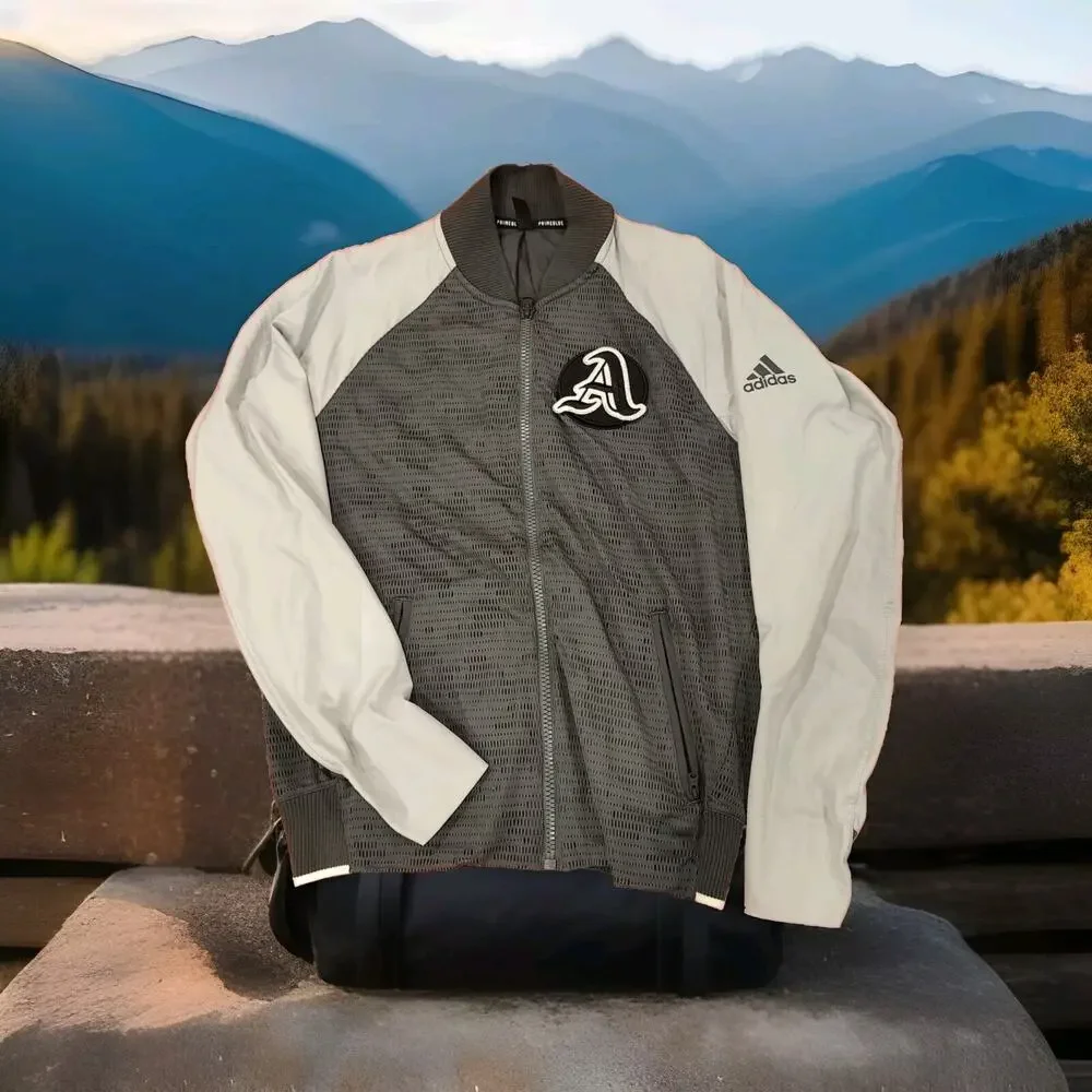 Adidas Track Jacket Mens Medium GREY Removable Patch Athletic Golf full Zip